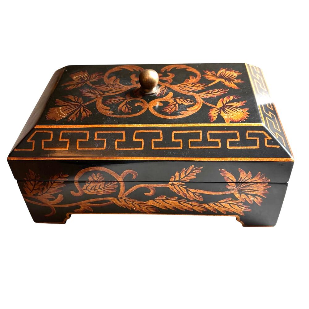 Ornate wooden jewelry box lift ff lid velvet tray black brown gold lacquer
